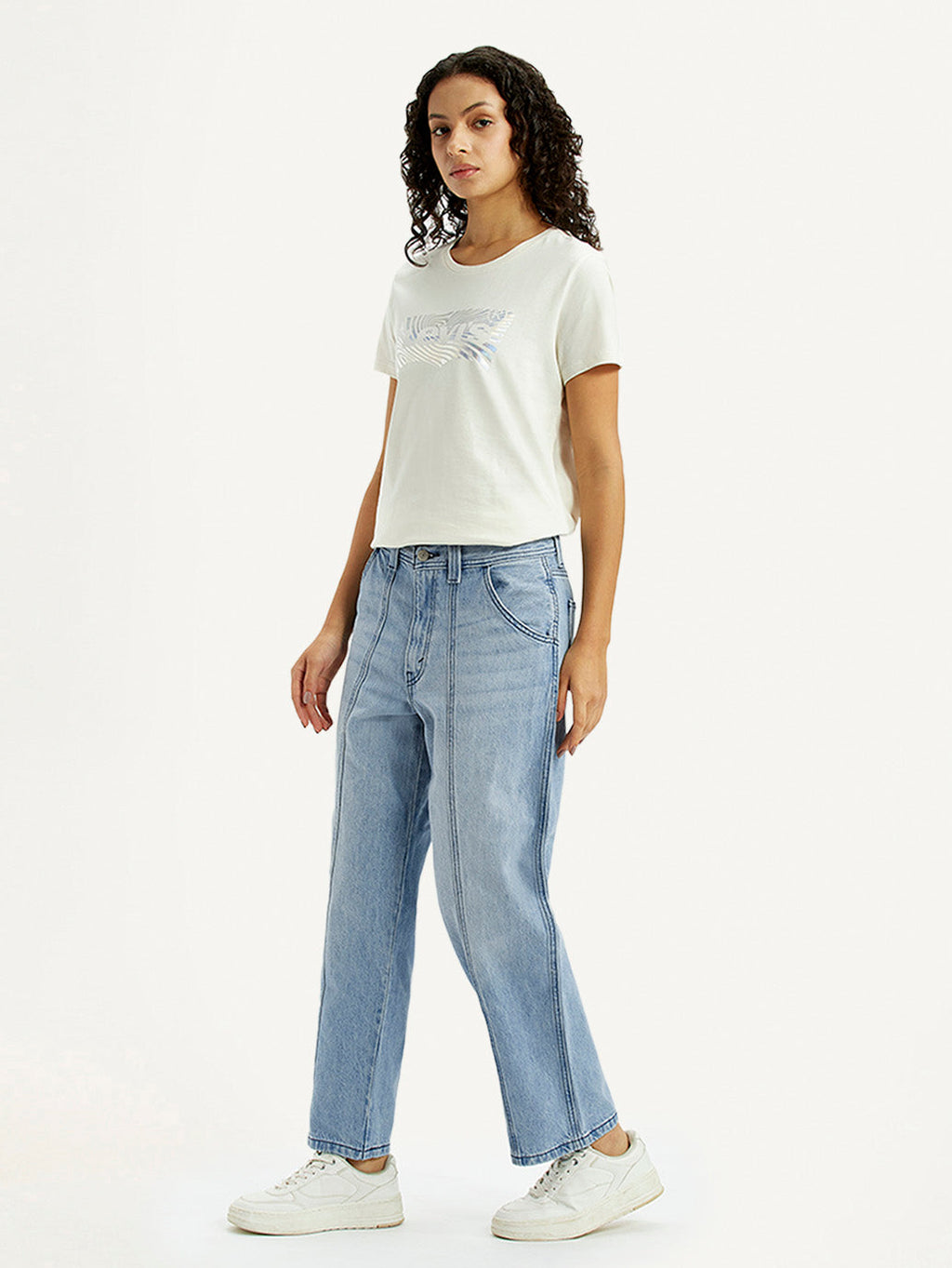 Women's Light Blue Baggy Loose Fit Carpenter Mid Rise Jeans