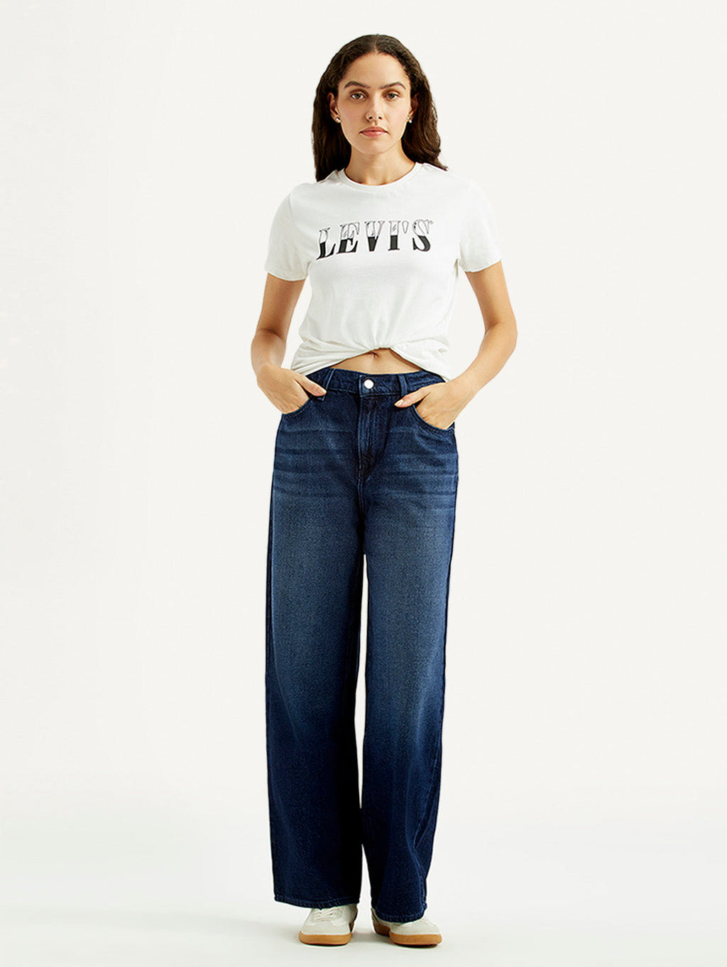 Women's Dark Blue Wide Leg Fit High Rise Jeans