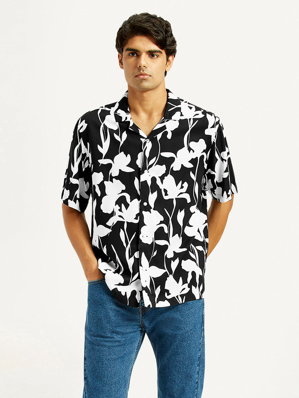 Men's Floral Black Camp Shirt