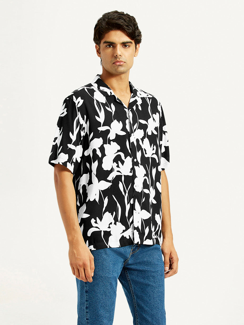 Men's Floral Black Camp Shirt