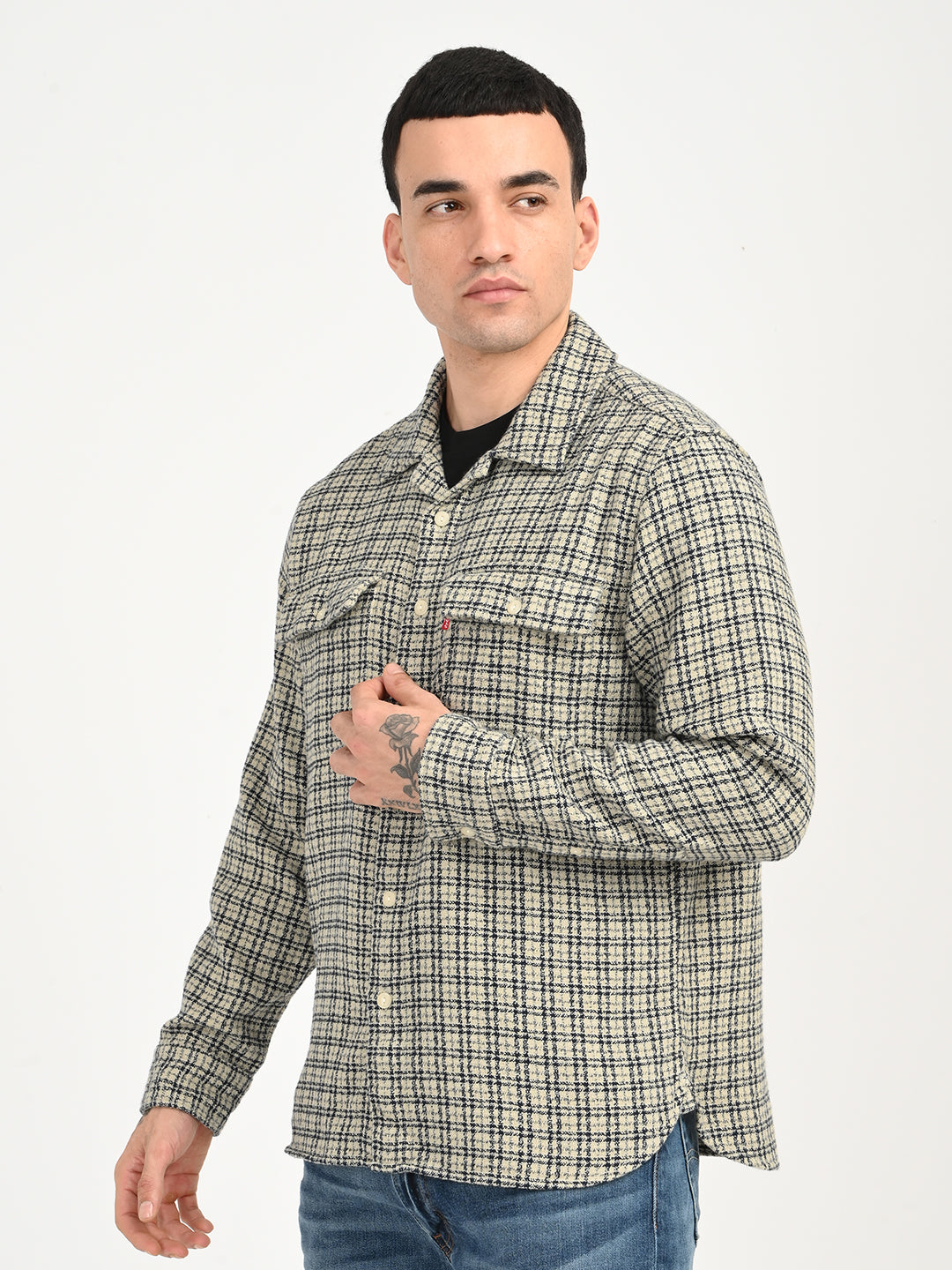 Men's Checkered Beige Slim Fit Camp Shirt
