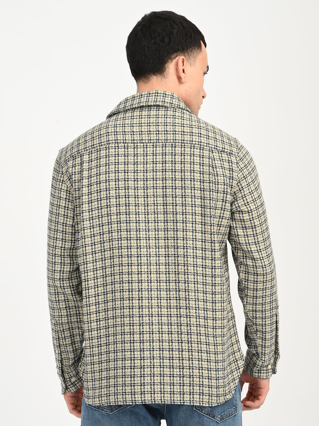 Men's Checkered Beige Slim Fit Camp Shirt