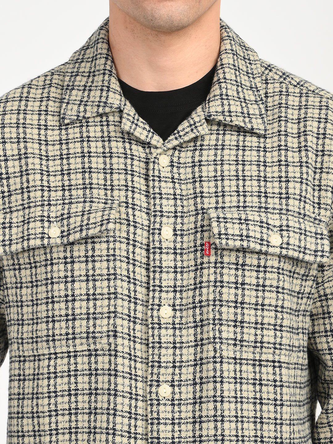 Men's Checkered Beige Slim Fit Camp Shirt