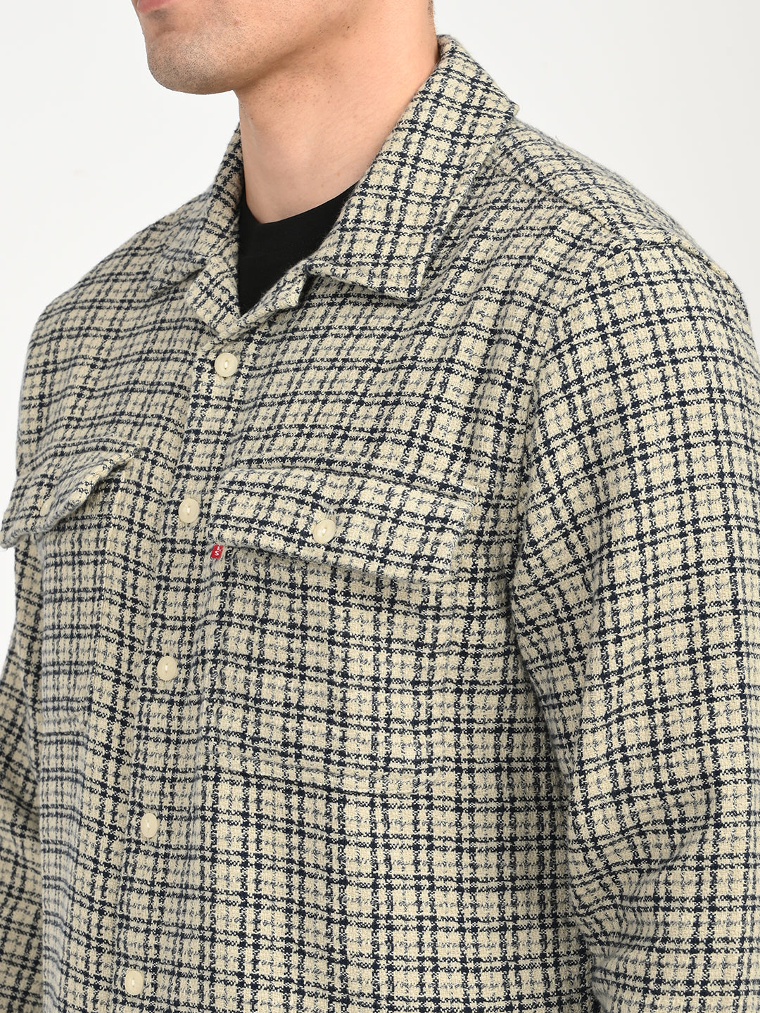 Men's Checkered Beige Slim Fit Camp Shirt