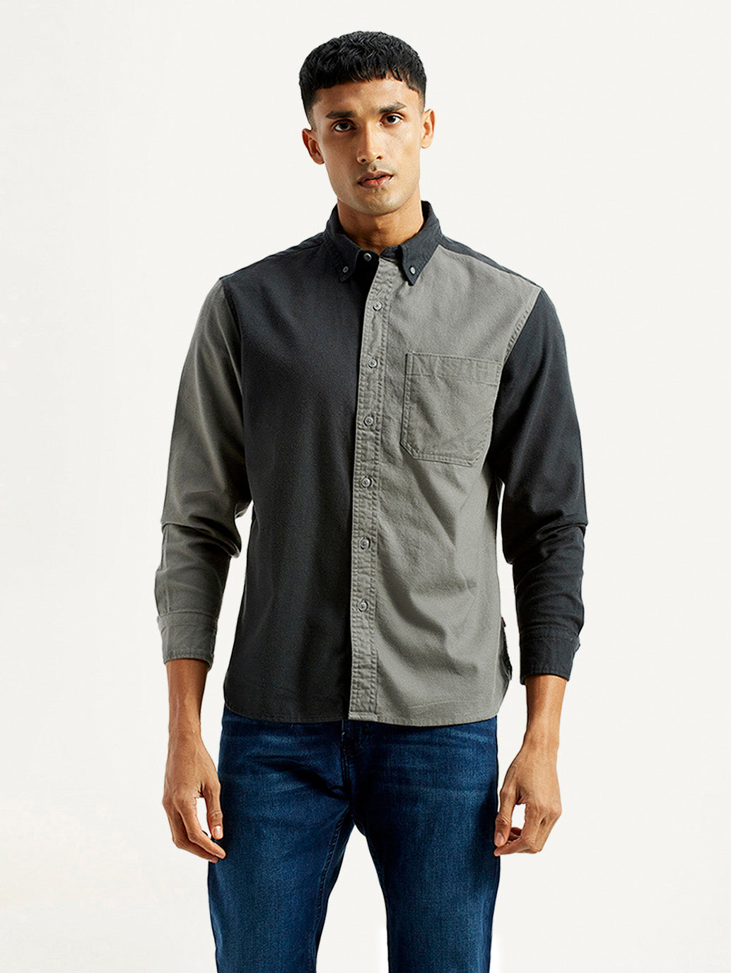 Men's Colorblock Charcoal Grey Spread Collar Flannel Shirt