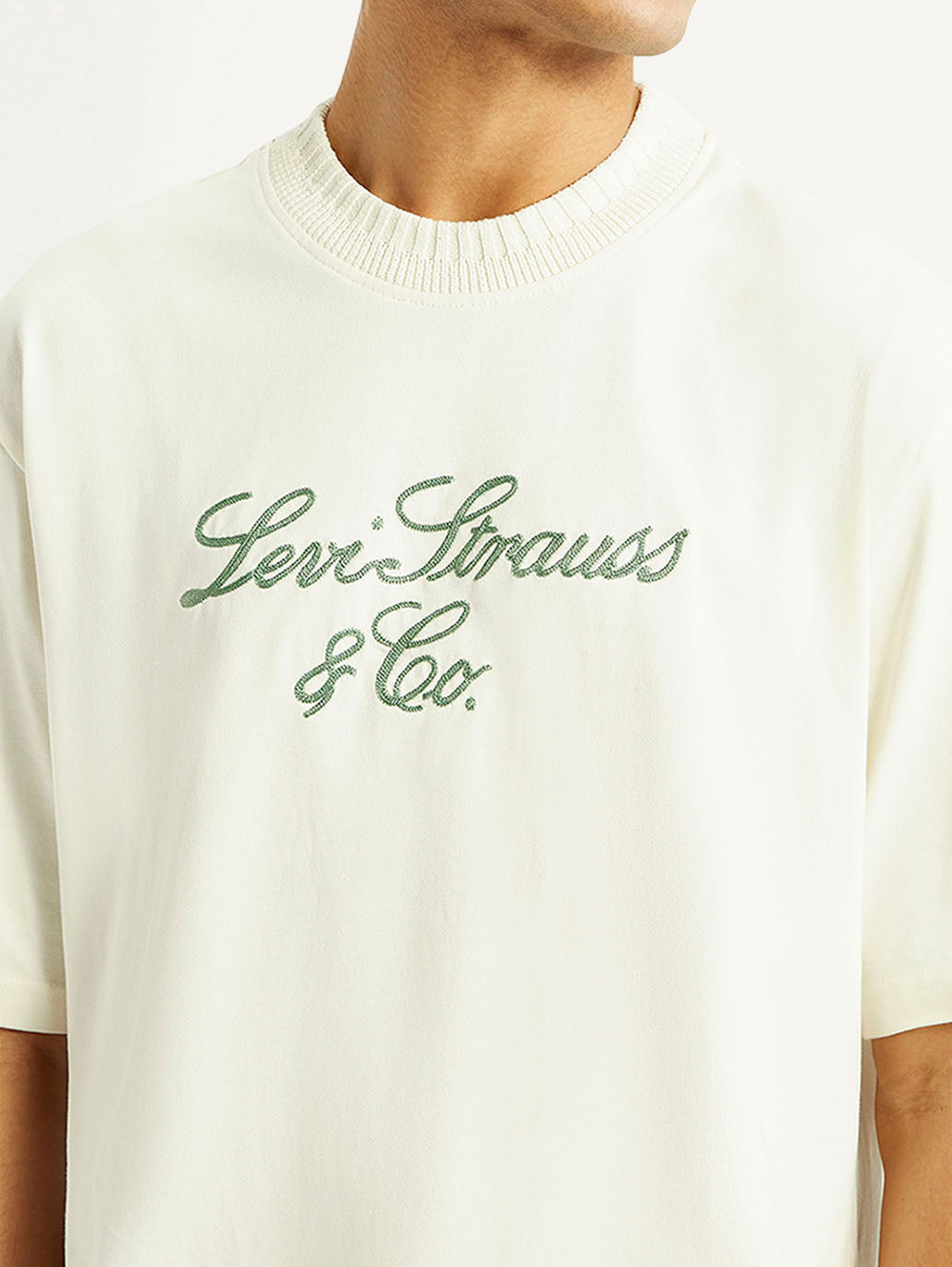 Men's Embroidered Cream Crew Neck T-shirt