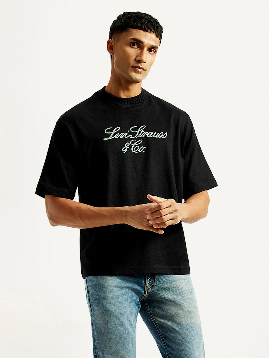 Men's Embroidered Black Crew Neck T-Shirt