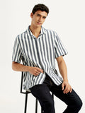 Men's Striped White Relaxed Fit Camp Shirt
