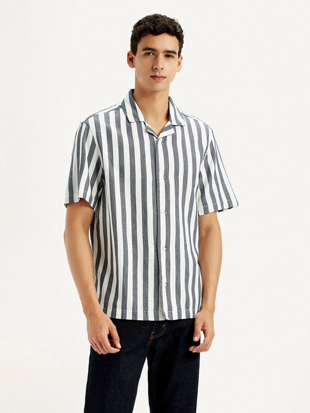 Men's Striped White Relaxed Fit Camp Shirt