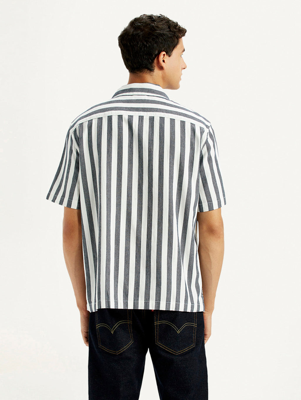Men's Striped White Relaxed Fit Camp Shirt