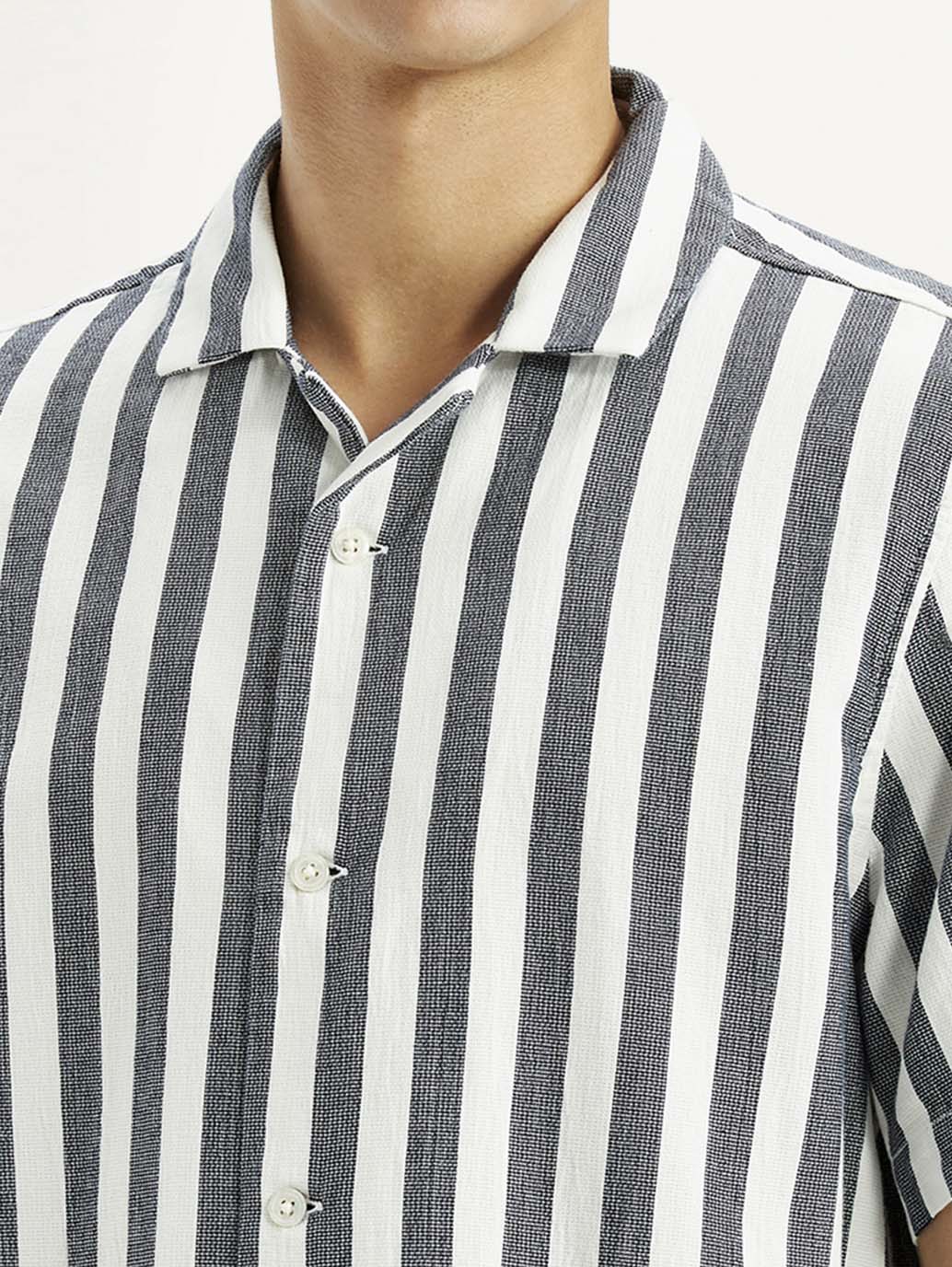 Men's Striped White Relaxed Fit Camp Shirt