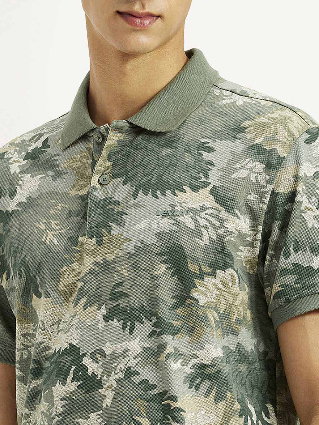 Men's Green Printed Slim Fit Polo T-Shirt