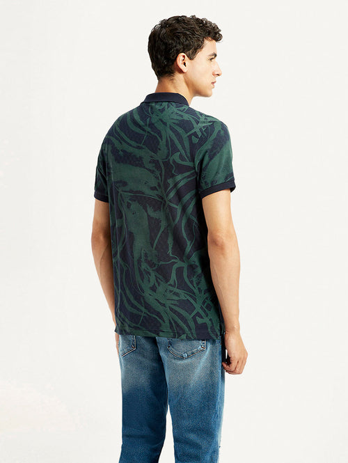 Men's Abstract Dark Green Slim Fit Polo T-shirt