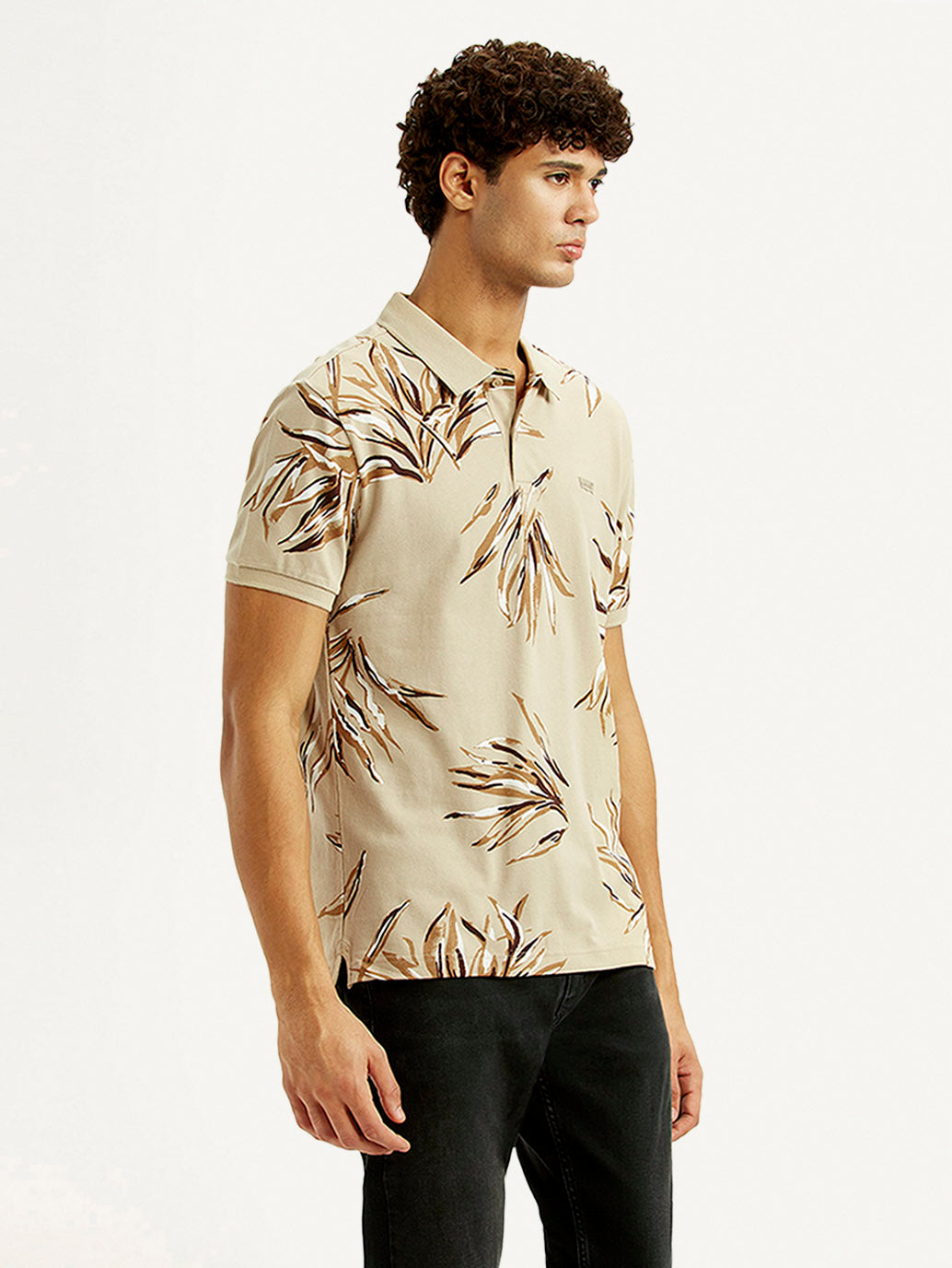 Men's Printed Beige Slim Fit Polo T-shirt