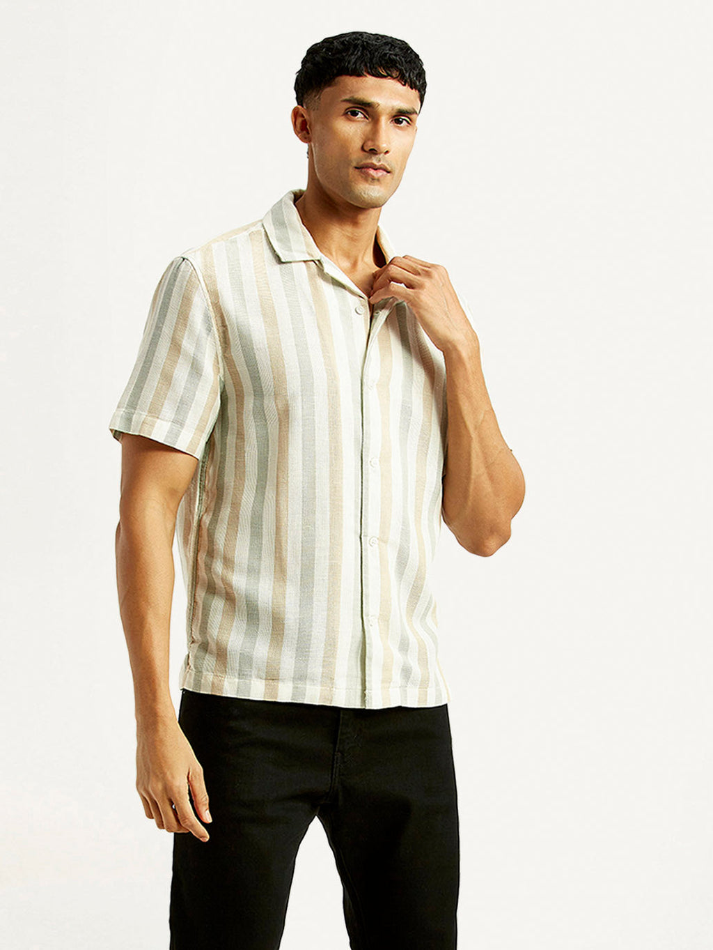 Men's Striped Slim Fit Resort Collar Linen Shirt