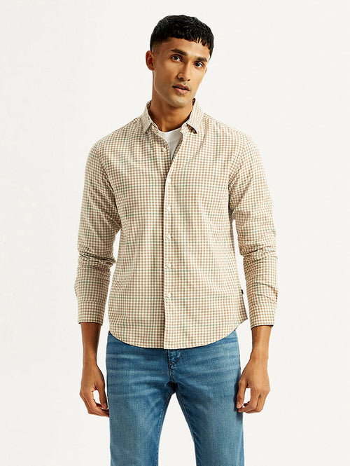 Men's Checkered Peach Slim Fit Shirt