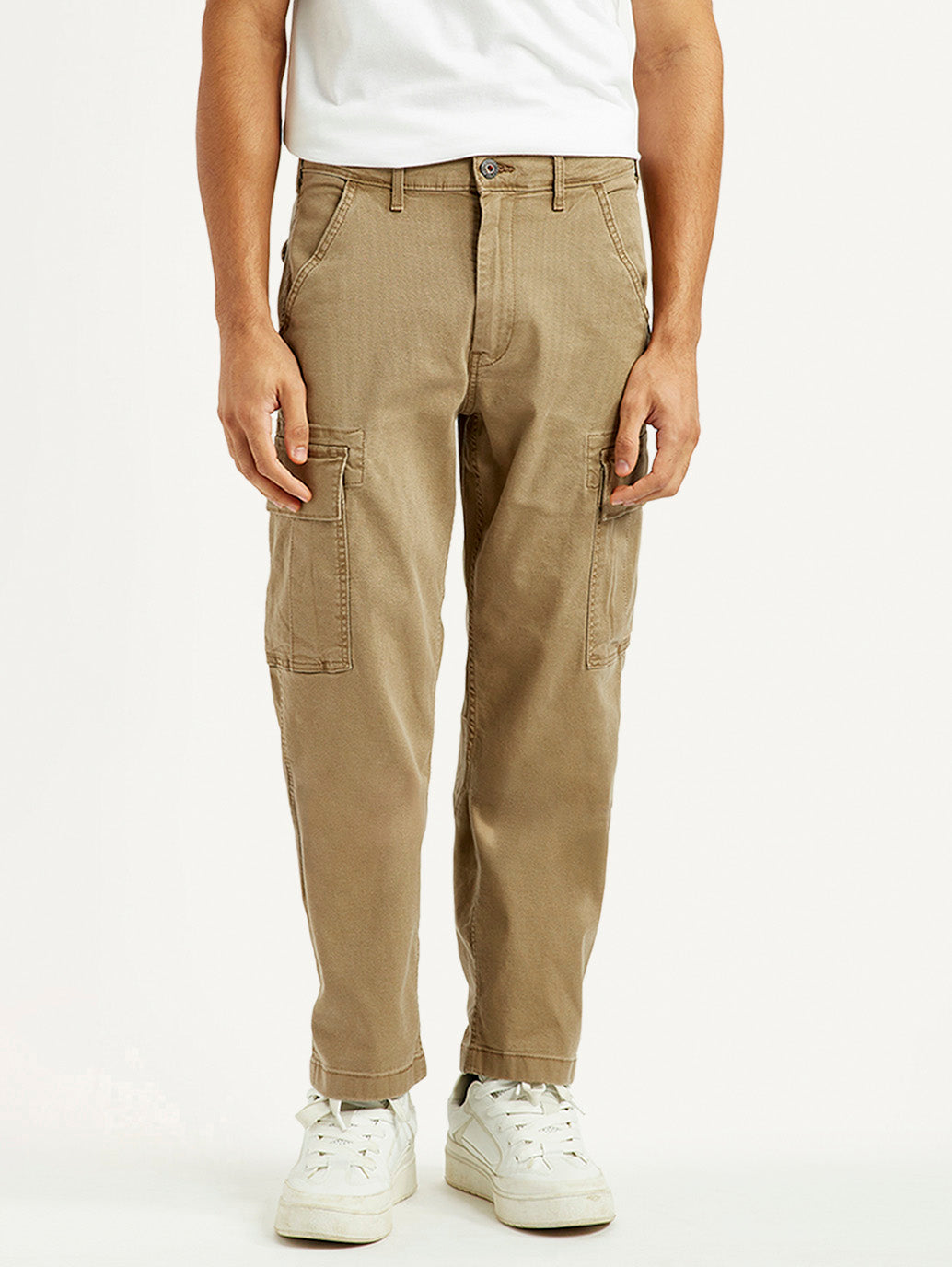 Men's Khaki Overdyed Tapered Fit Mid Rise Cargo Trousers