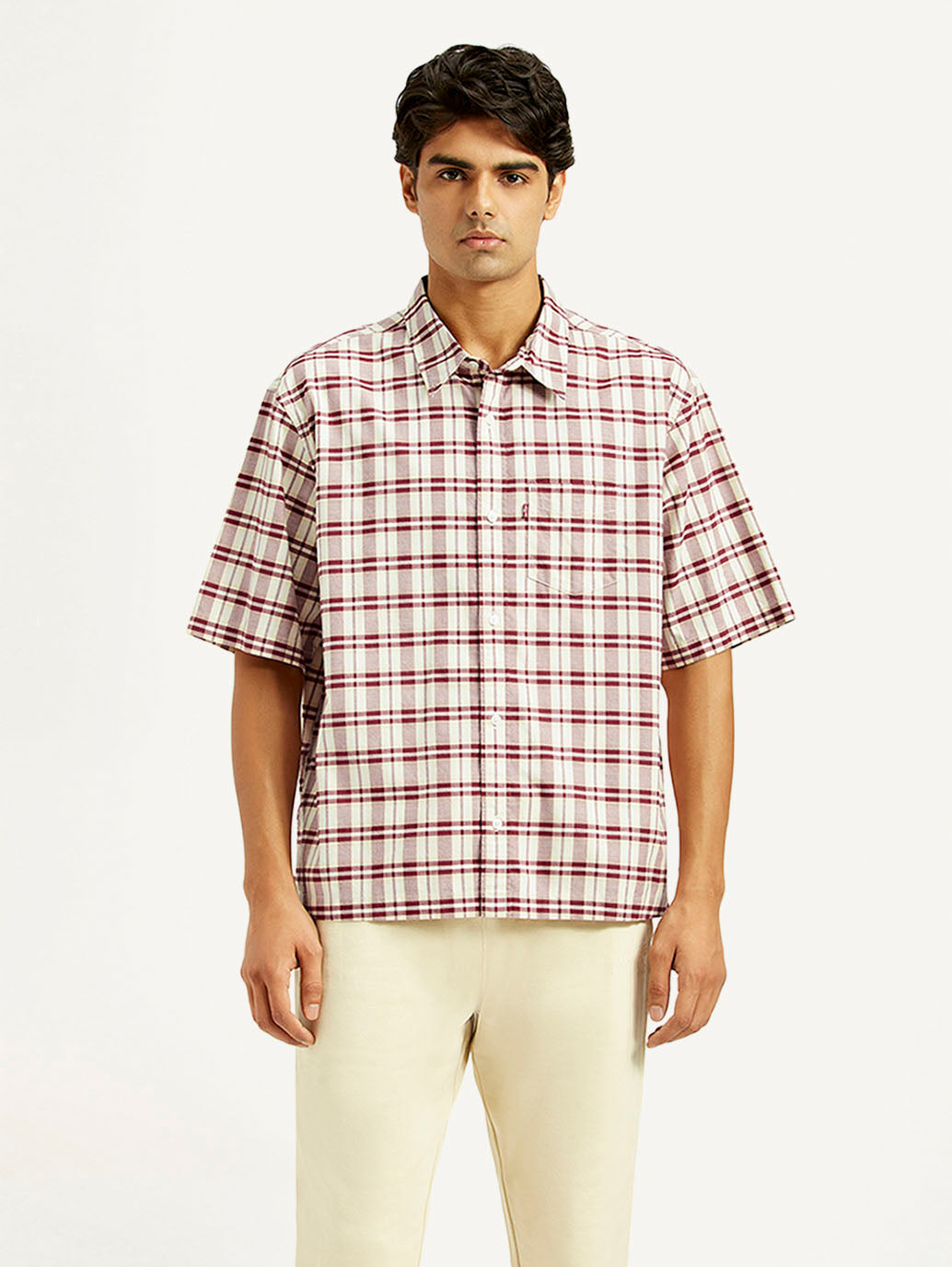 Men's Checkered White Spread Collar Shirt