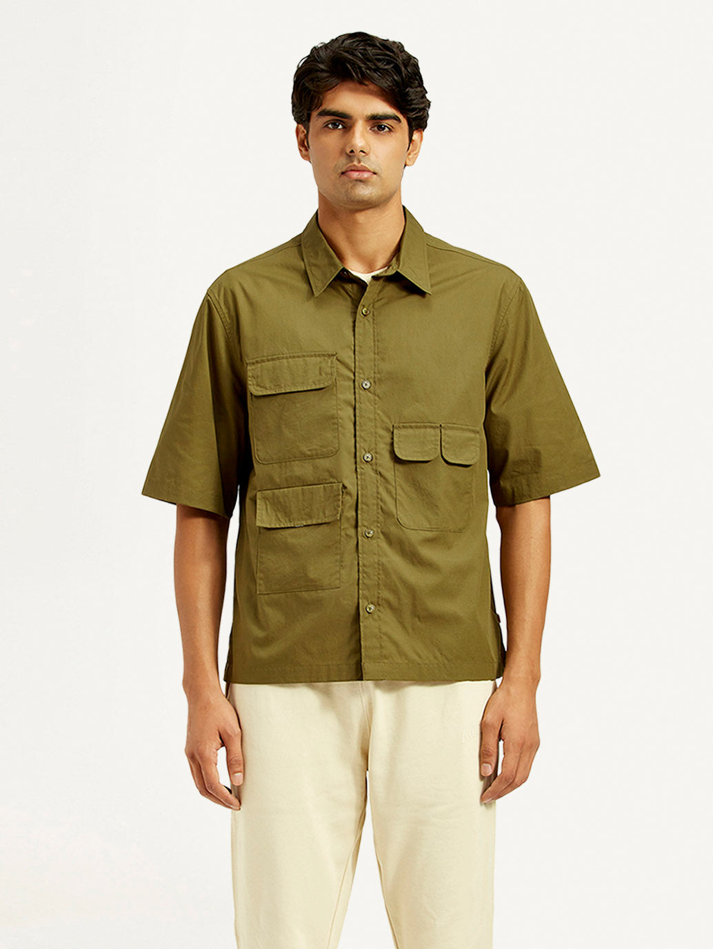 Men's Solid Olive Spread Collar Shirt
