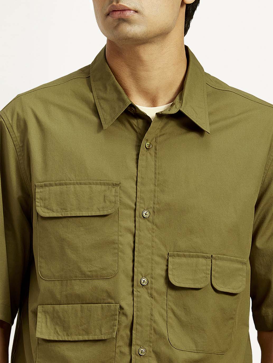 Men's Solid Olive Spread Collar Shirt