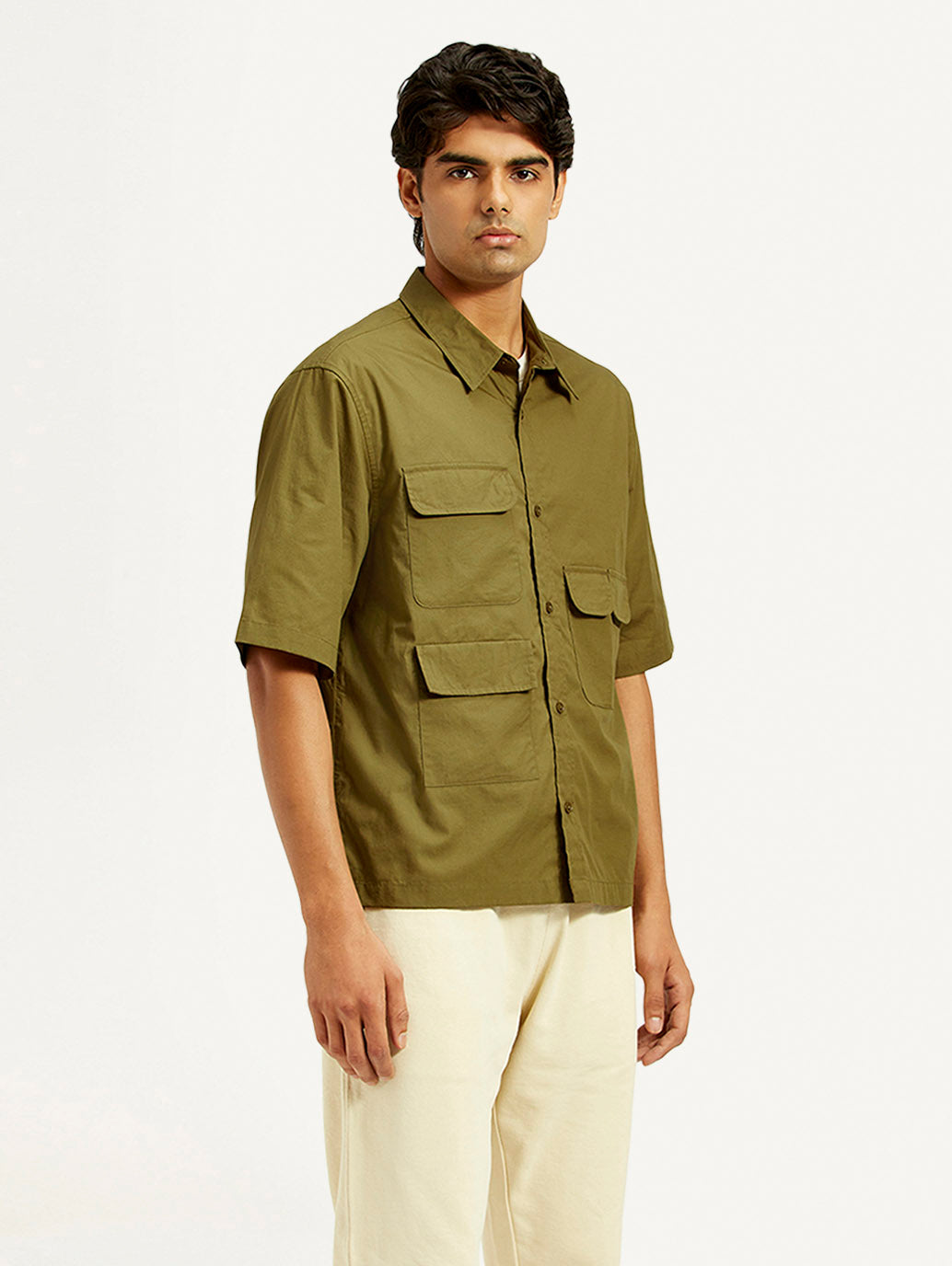 Men's Solid Olive Spread Collar Shirt