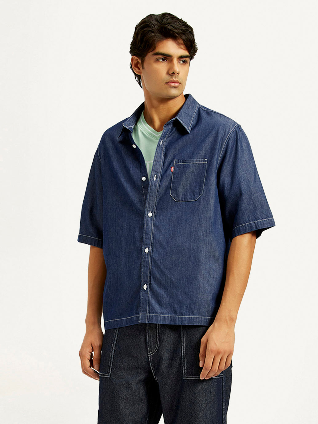 Men's Solid Dark Blue Spread Collar Denim Shirt