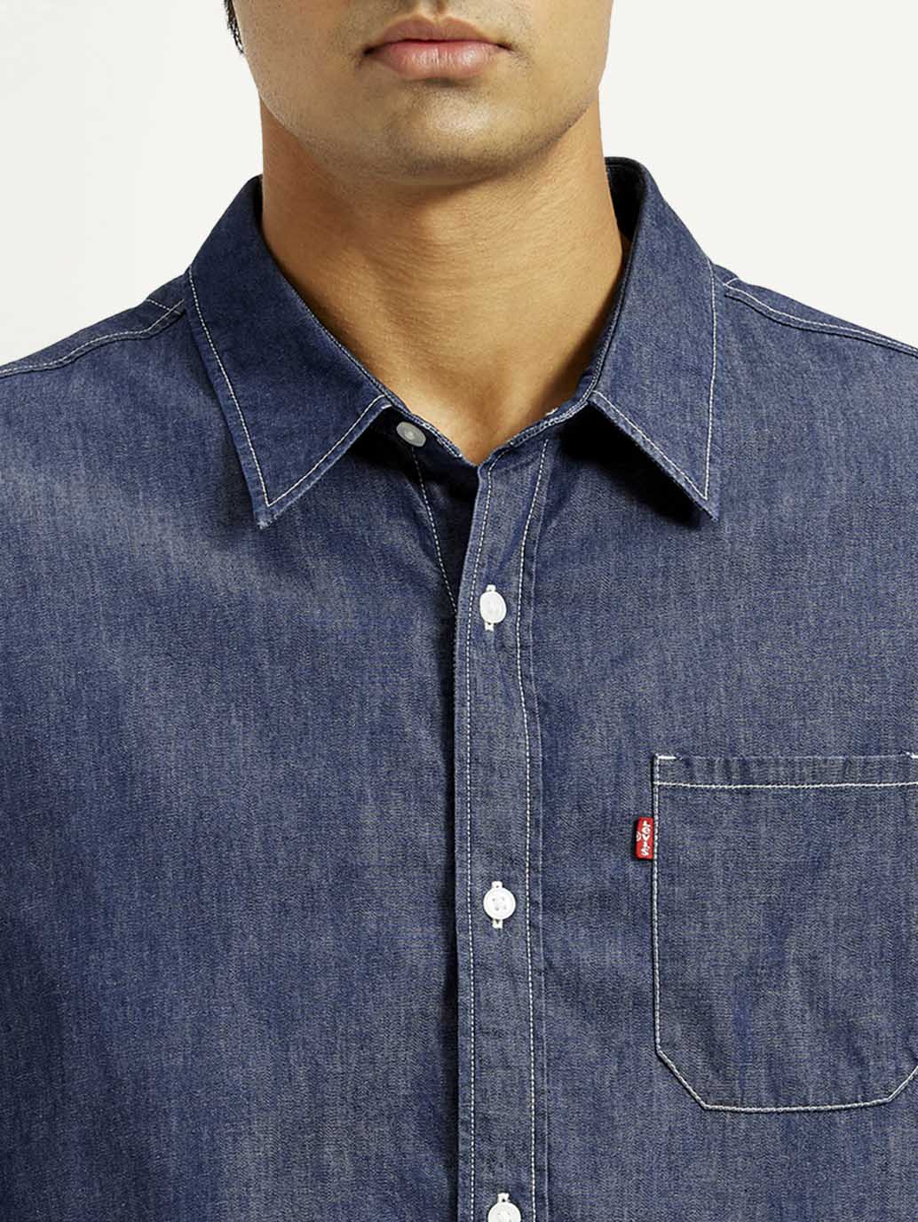 Men's Solid Dark Blue Spread Collar Denim Shirt
