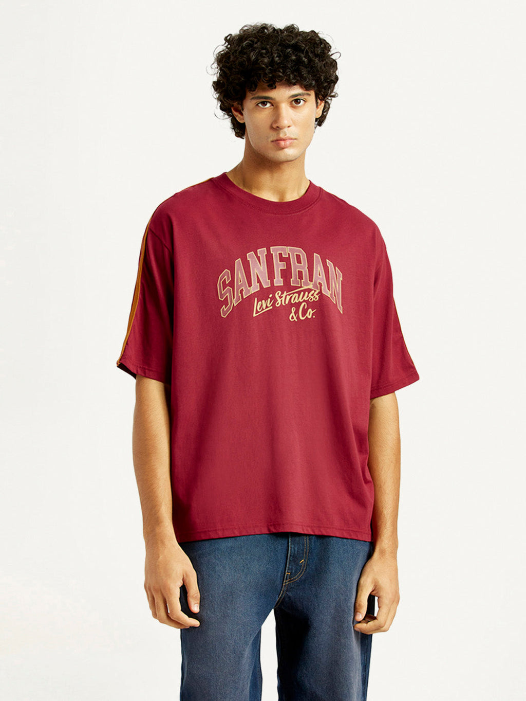 Men's Typographic Print Maroon Loose Fit T-shirt