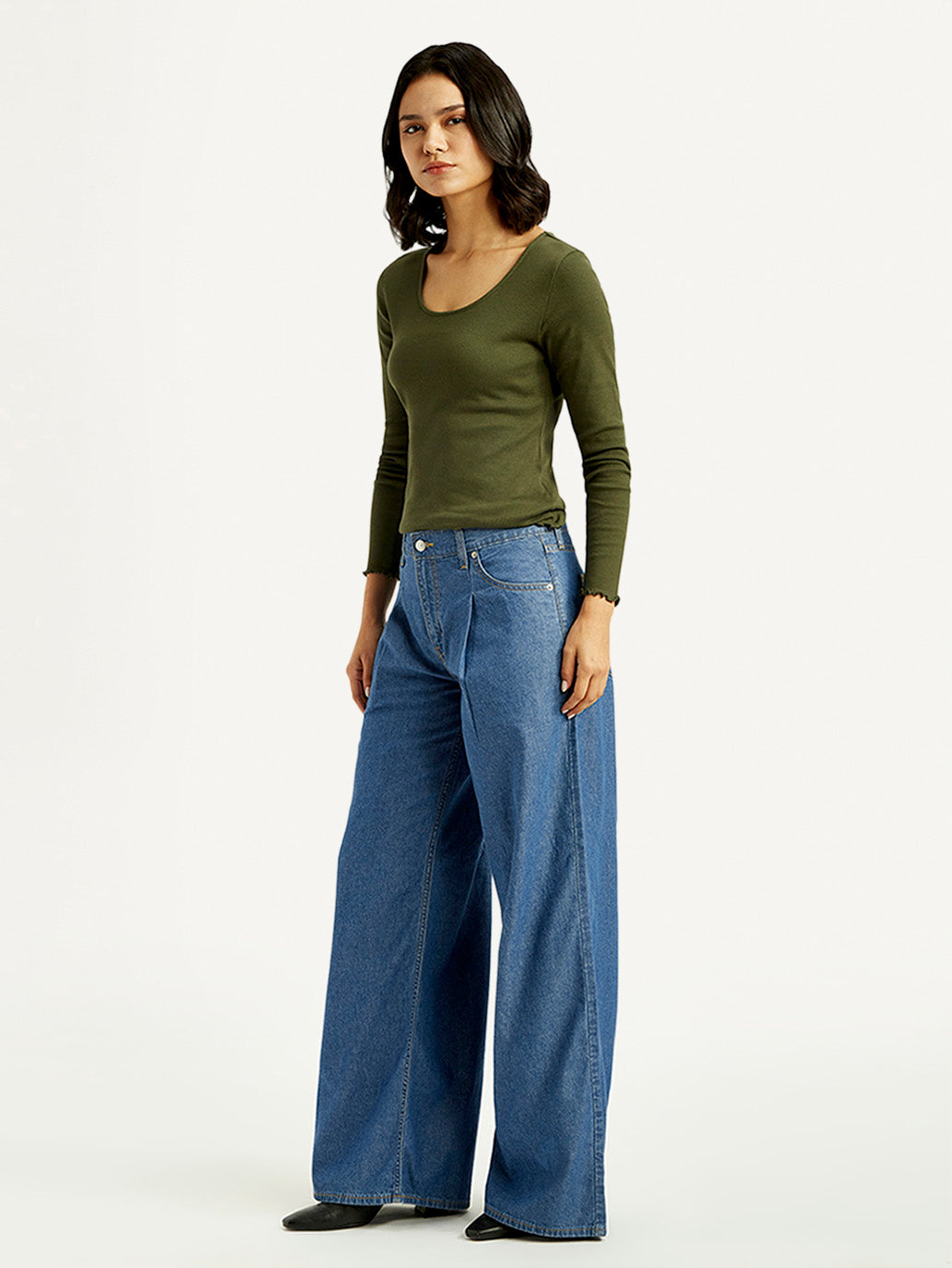 Women's Mid Indigo Baggy Fit High Rise Jeans