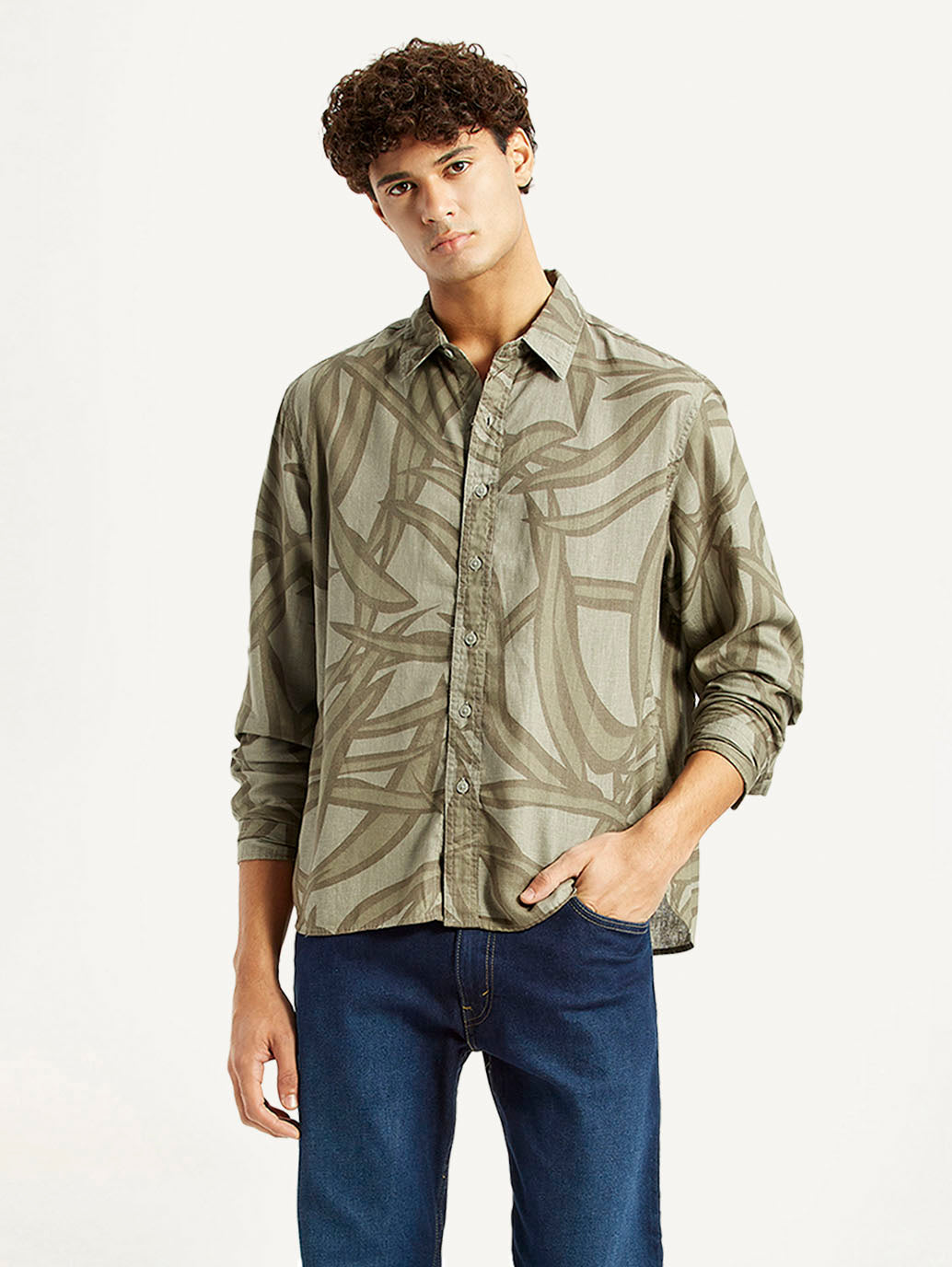 Men's Abstract Taupe Spread Collar Shirt