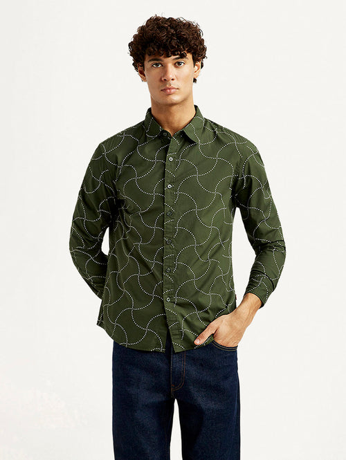 Men's Abstract Olive Slim Fit Shirt