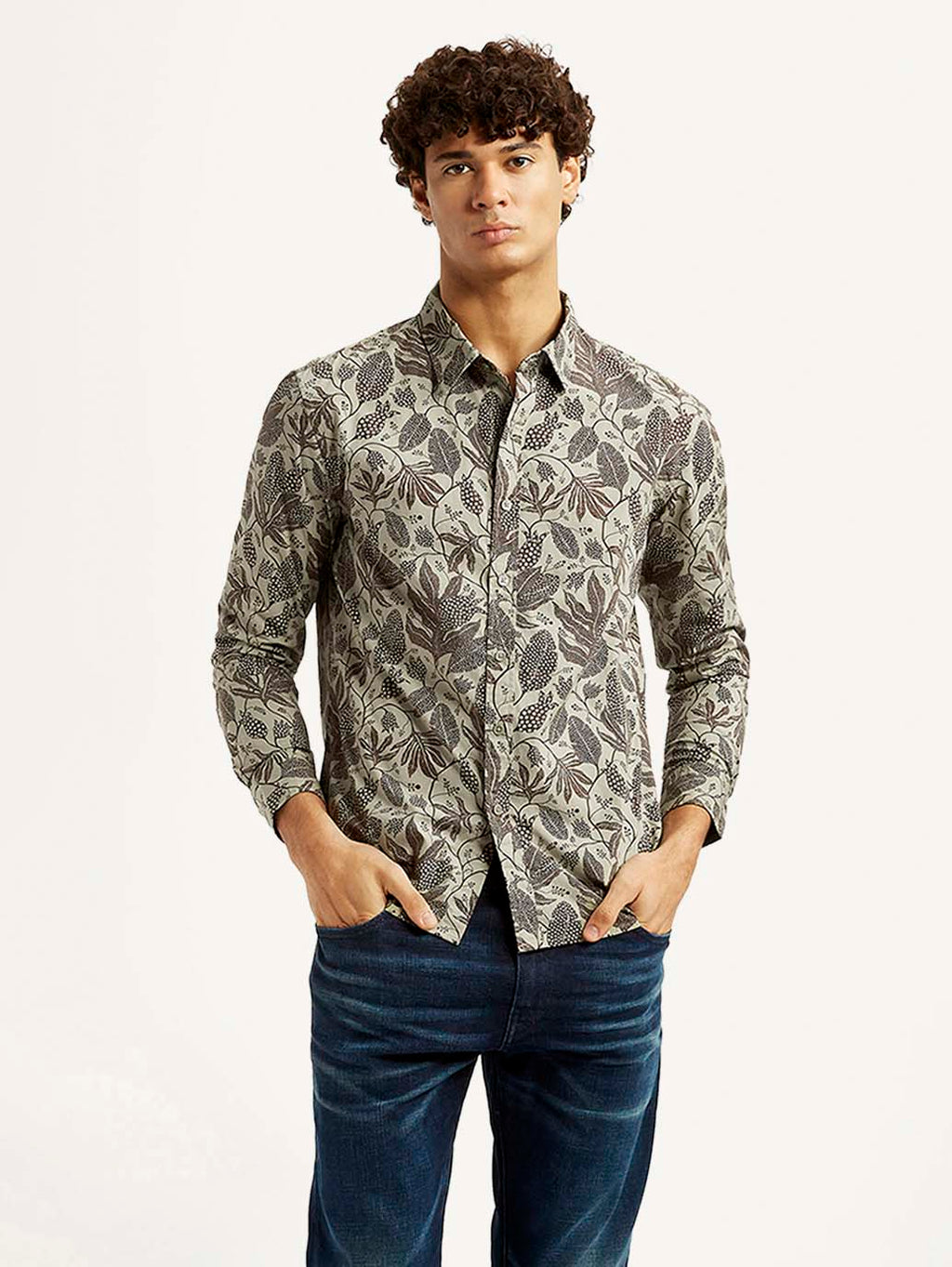 Men's Printed Khaki Slim Fit Shirt
