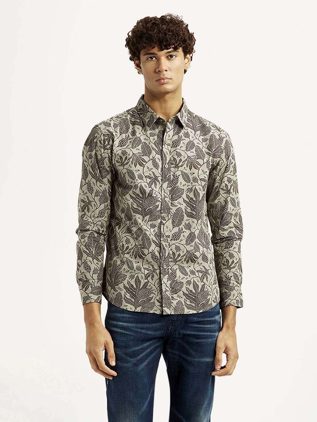 Men's Printed Khaki Slim Fit Shirt