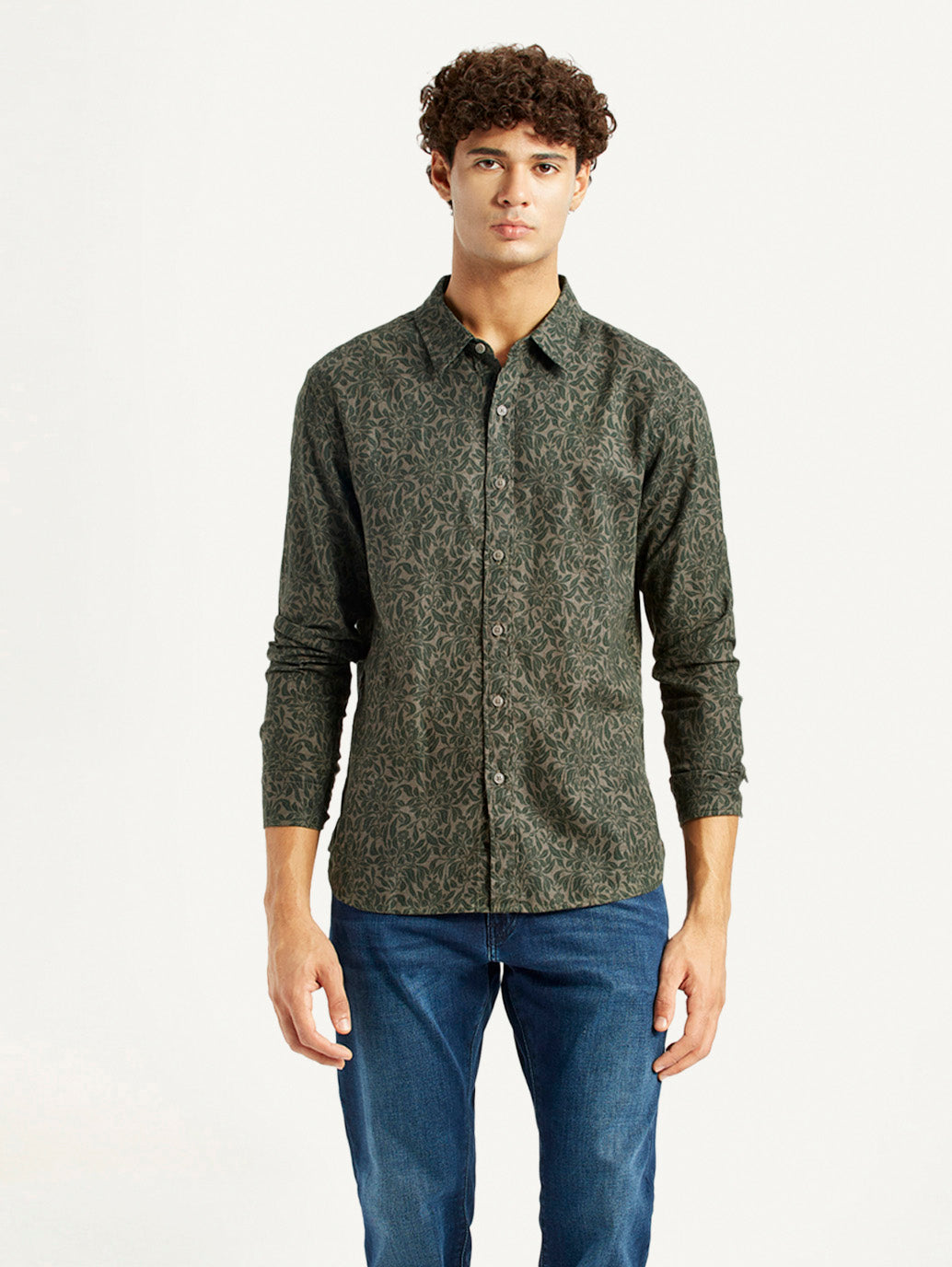 Men's Printed Olive Green Slim Fit Shirt