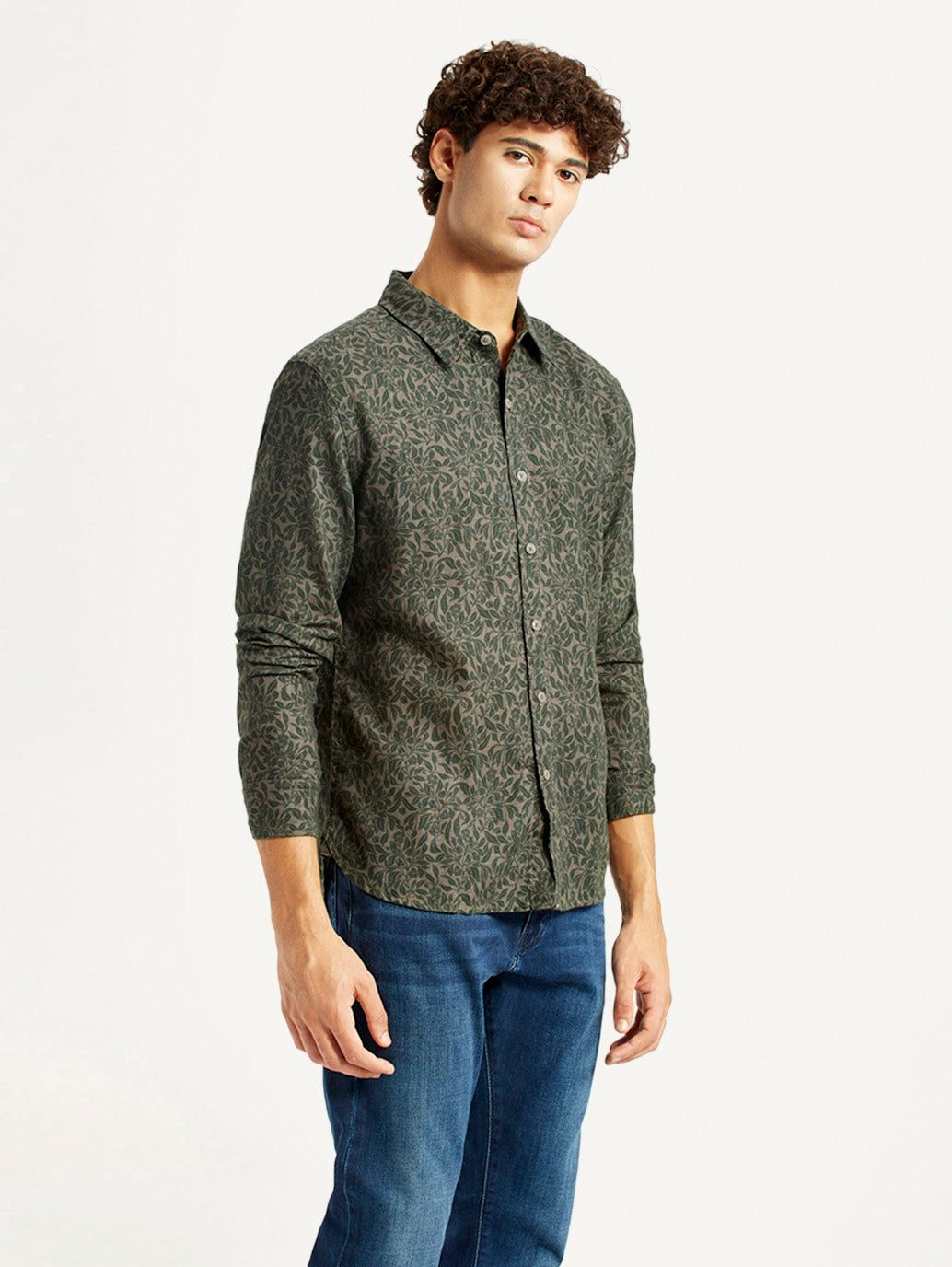 Men's Printed Olive Green Slim Fit Shirt