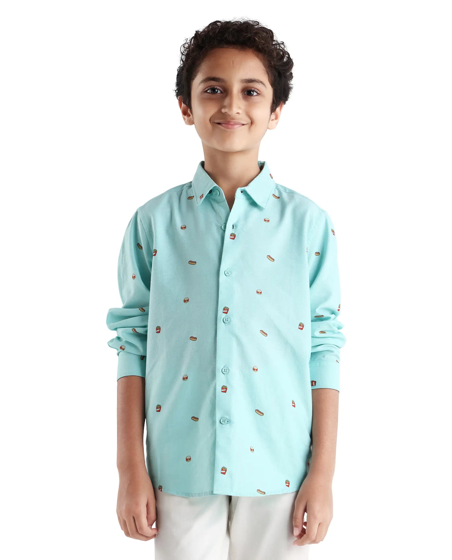 Rare Ones Kids Burg Turq Cotton Printed Button Closure Regular Fit Shirt