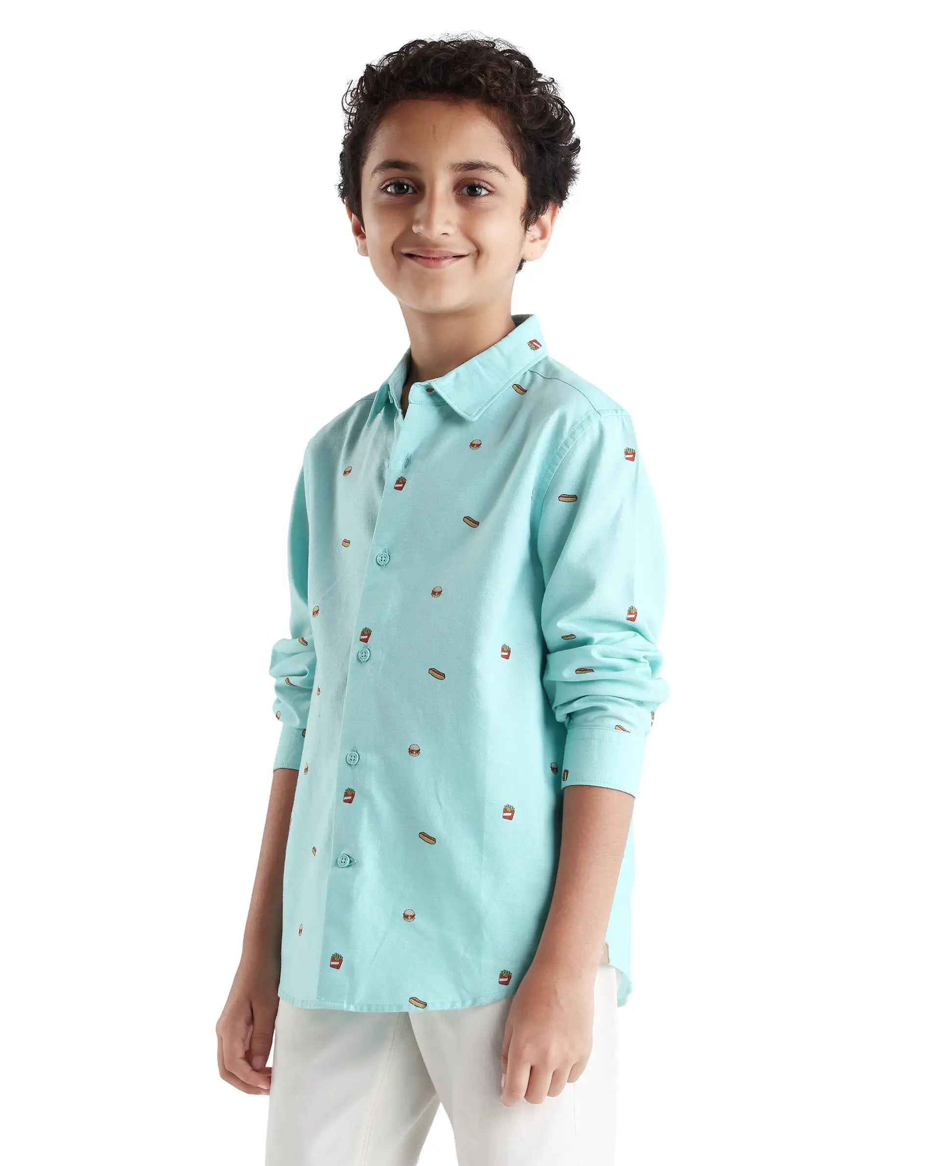 Rare Ones Kids Burg Turq Cotton Printed Button Closure Regular Fit Shirt