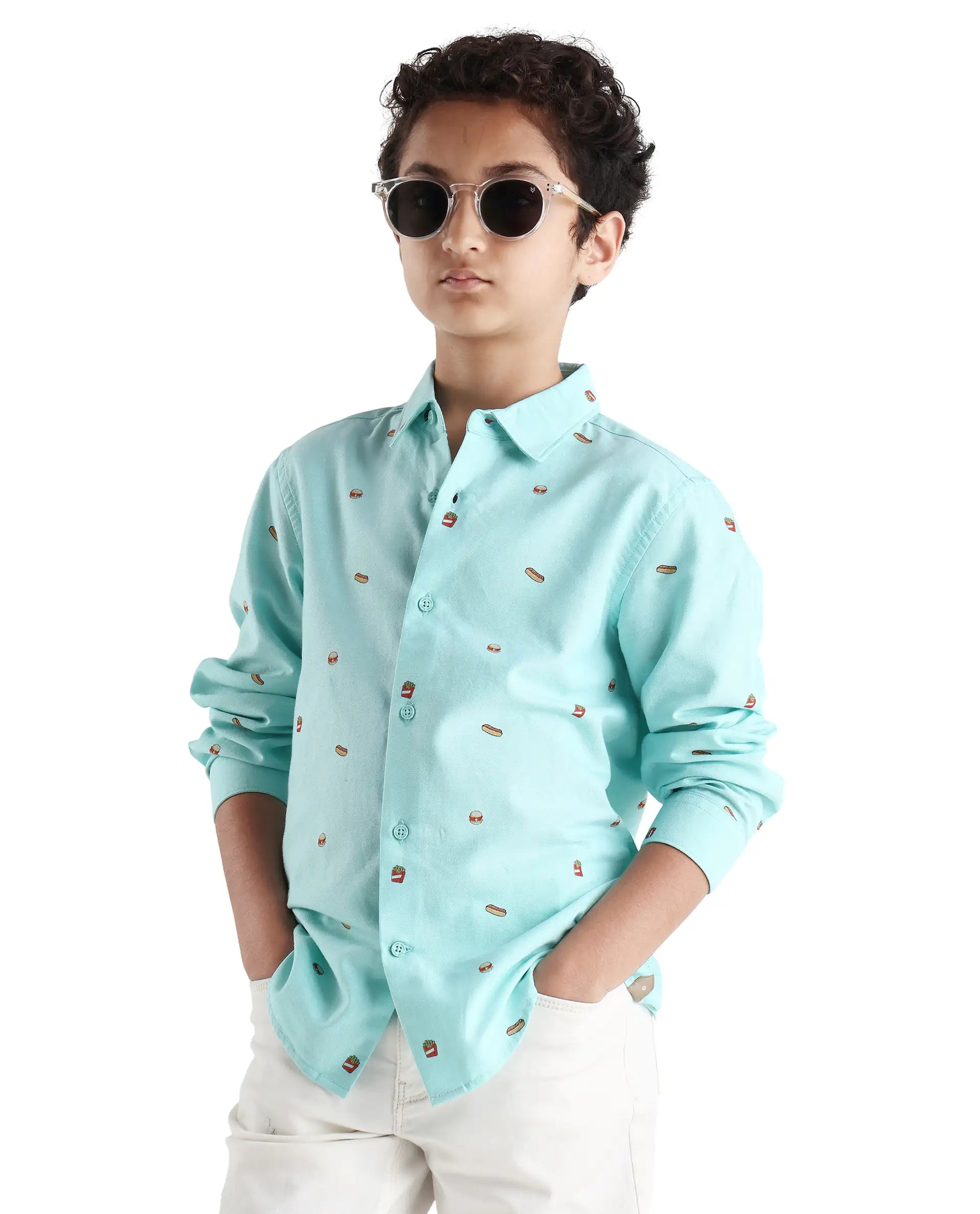 Rare Ones Kids Burg Turq Cotton Printed Button Closure Regular Fit Shirt