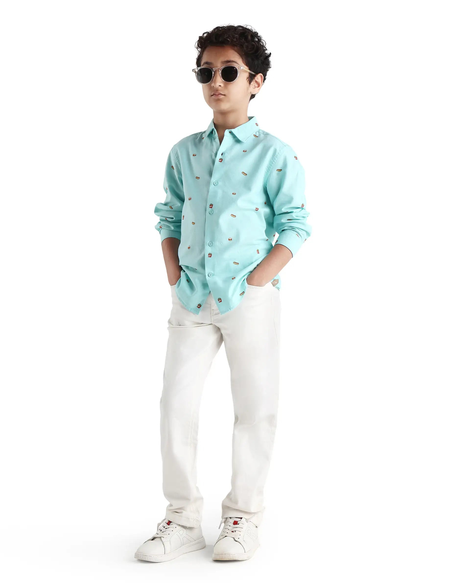 Rare Ones Kids Burg Turq Cotton Printed Button Closure Regular Fit Shirt