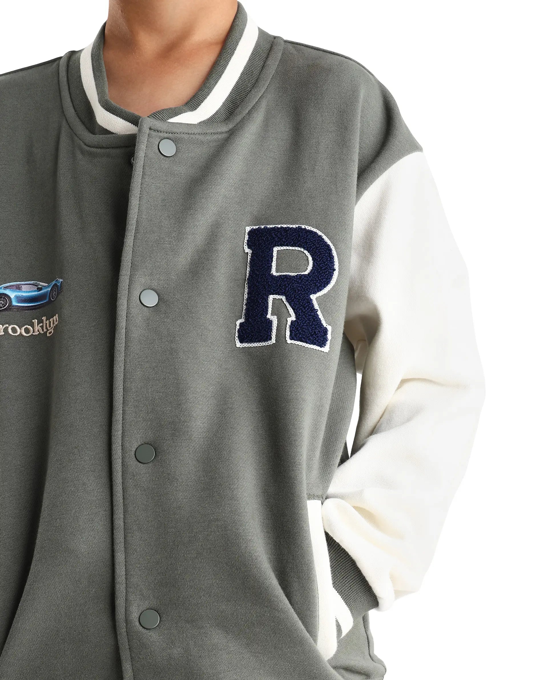 Rare Ones Kids Brook Dusky Green Cotton Blend Button Closure Ribbed Collar Plain Full Sleeves Slim Fit Jacket