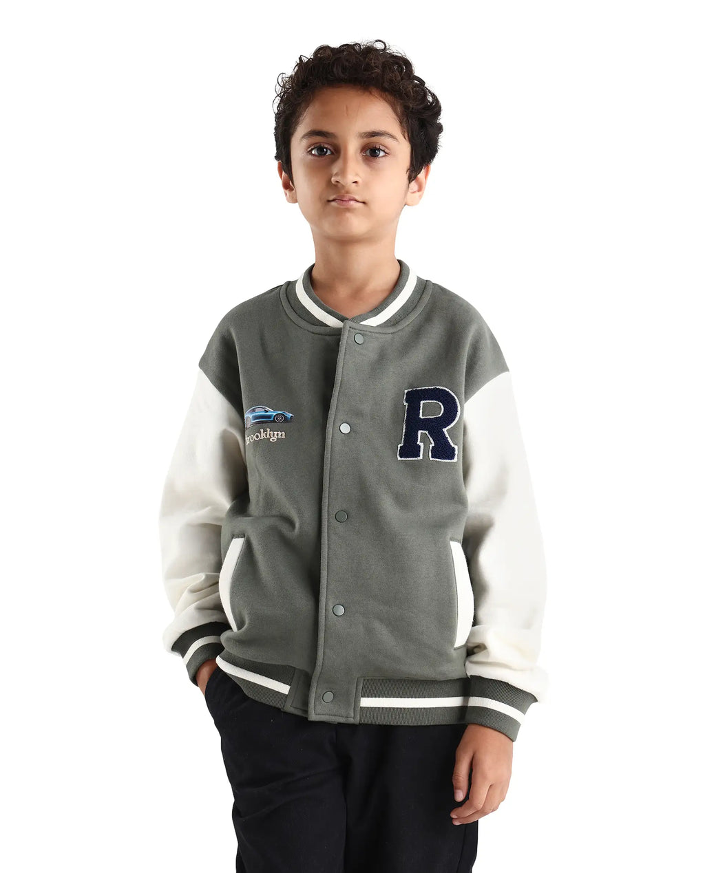 Rare Ones Kids Brook Dusky Green Cotton Blend Button Closure Ribbed Collar Plain Full Sleeves Slim Fit Jacket