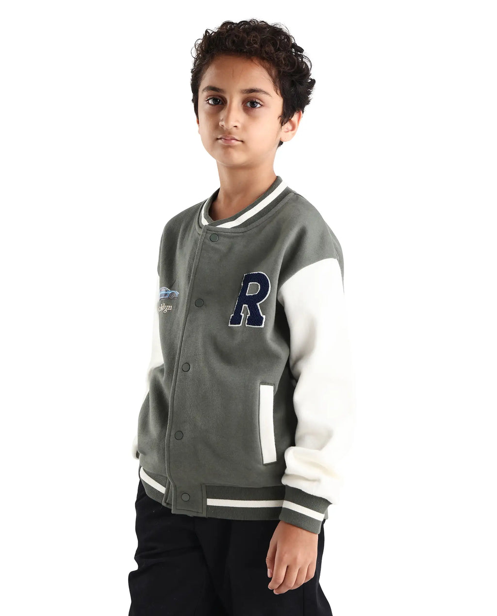 Rare Ones Kids Brook Dusky Green Cotton Blend Button Closure Ribbed Collar Plain Full Sleeves Slim Fit Jacket