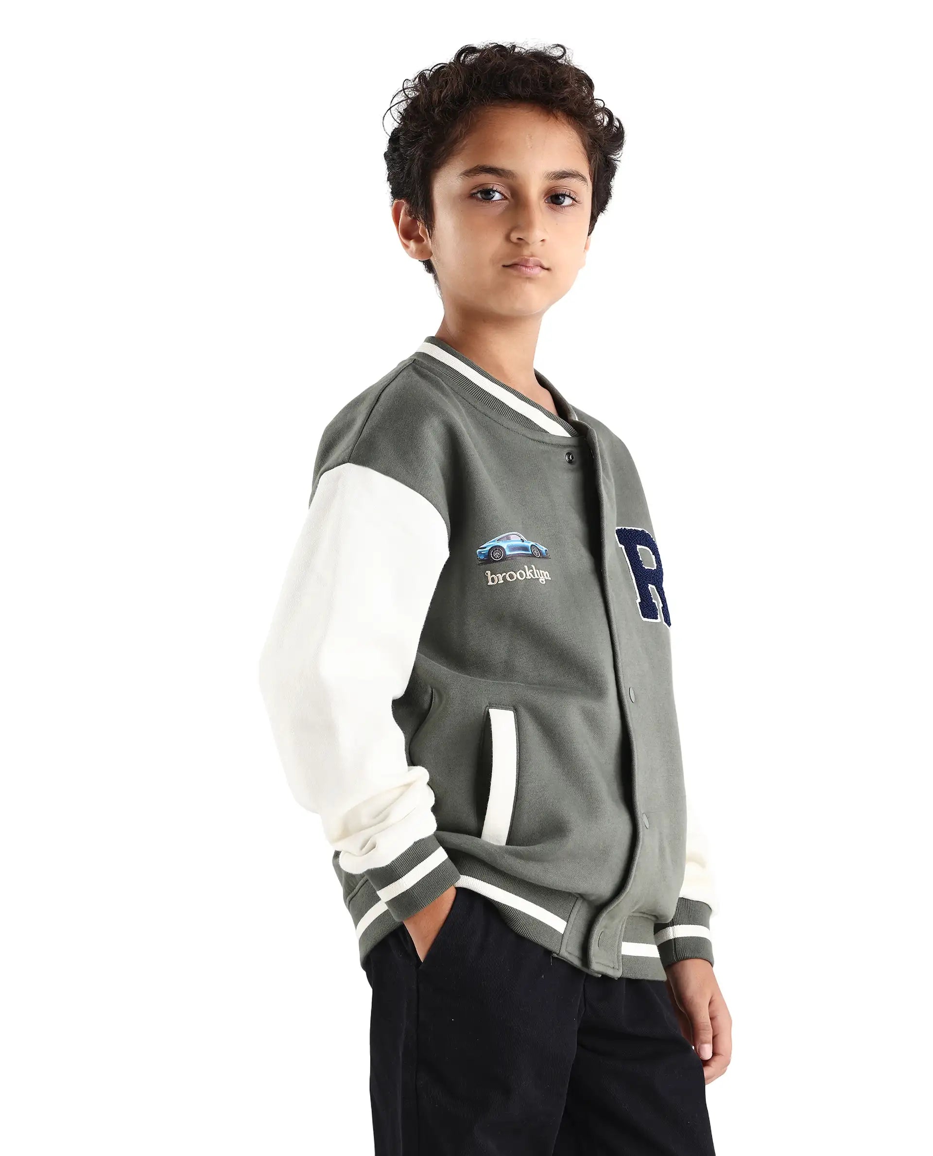 Rare Ones Kids Brook Dusky Green Cotton Blend Button Closure Ribbed Collar Plain Full Sleeves Slim Fit Jacket