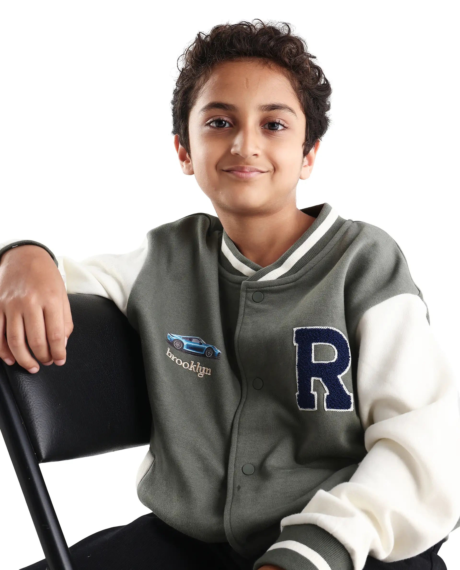 Rare Ones Kids Brook Dusky Green Cotton Blend Button Closure Ribbed Collar Plain Full Sleeves Slim Fit Jacket