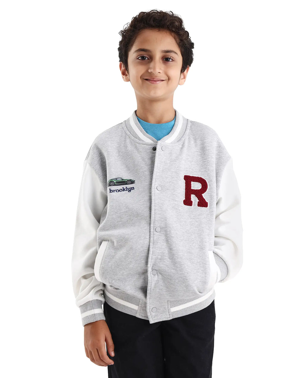 Rare Ones Kids Brook Grey Cotton Blend Button Closure Ribbed Collar Plain Full Sleeves Slim Fit Jacket