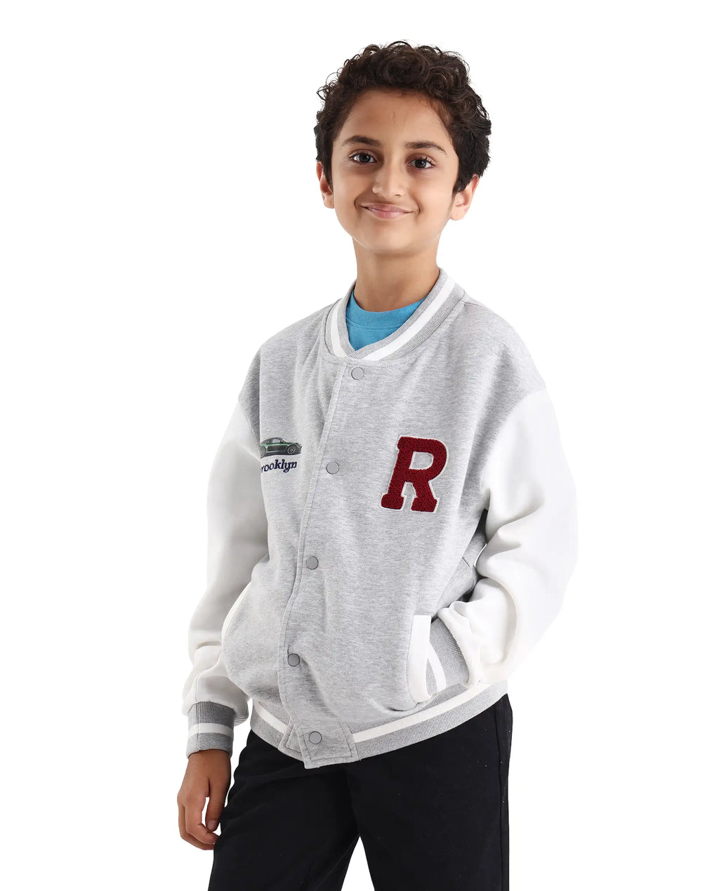 Rare Ones Kids Brook Grey Cotton Blend Button Closure Ribbed Collar Plain Full Sleeves Slim Fit Jacket