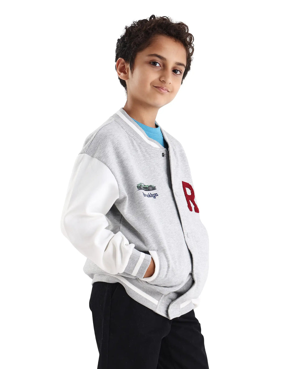 Rare Ones Kids Brook Grey Cotton Blend Button Closure Ribbed Collar Plain Full Sleeves Slim Fit Jacket