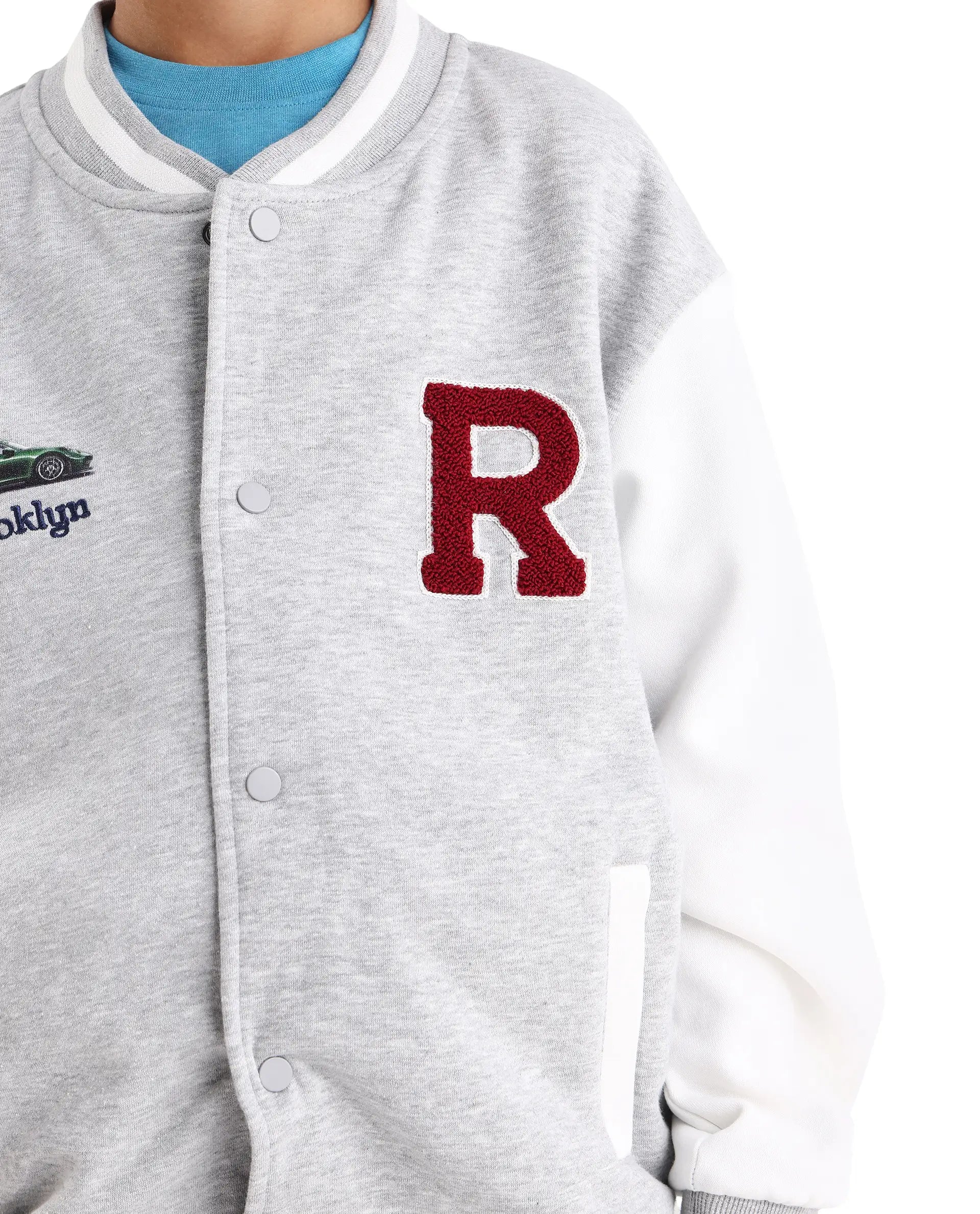 Rare Ones Kids Brook Grey Cotton Blend Button Closure Ribbed Collar Plain Full Sleeves Slim Fit Jacket