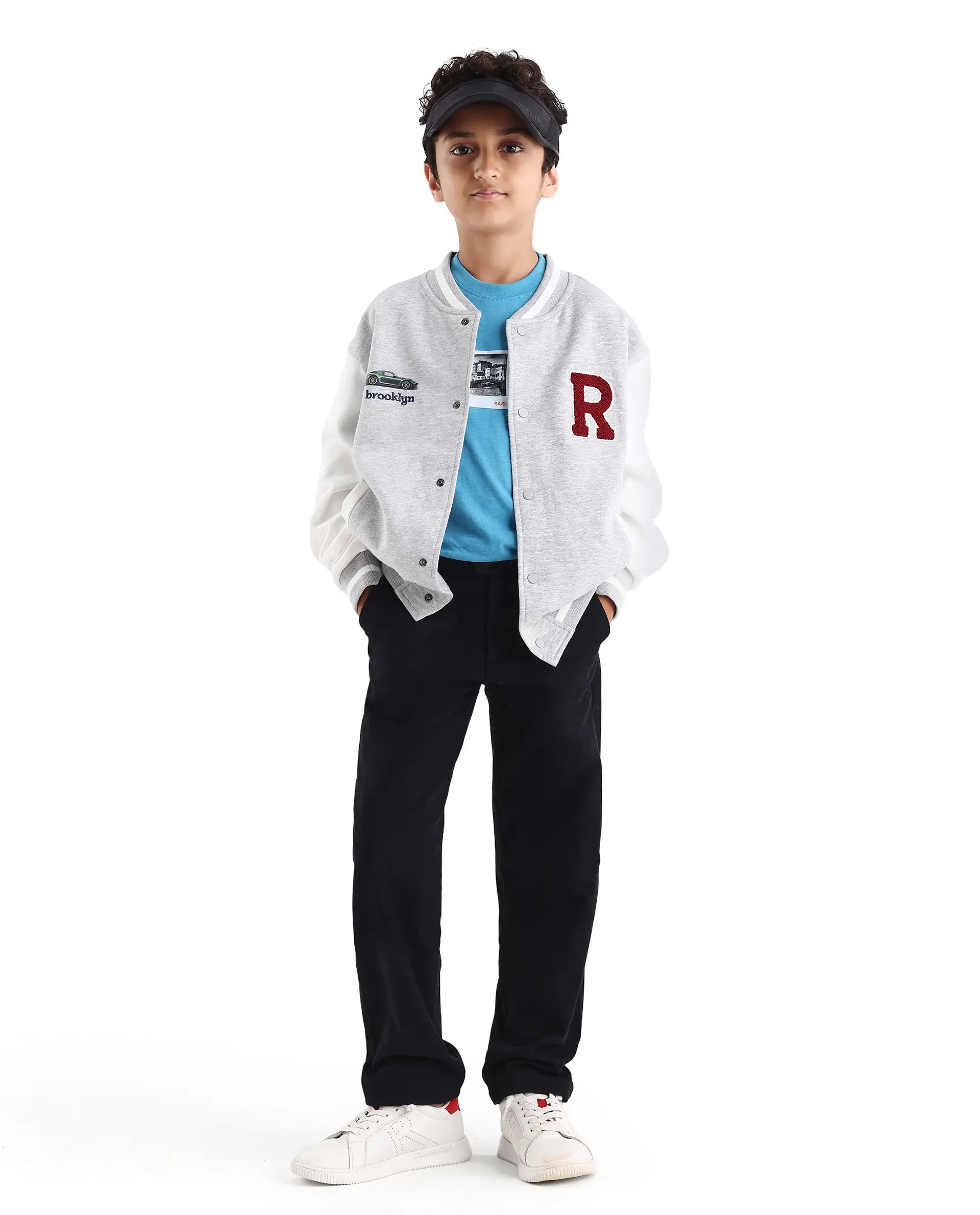 Rare Ones Kids Brook Grey Cotton Blend Button Closure Ribbed Collar Plain Full Sleeves Slim Fit Jacket