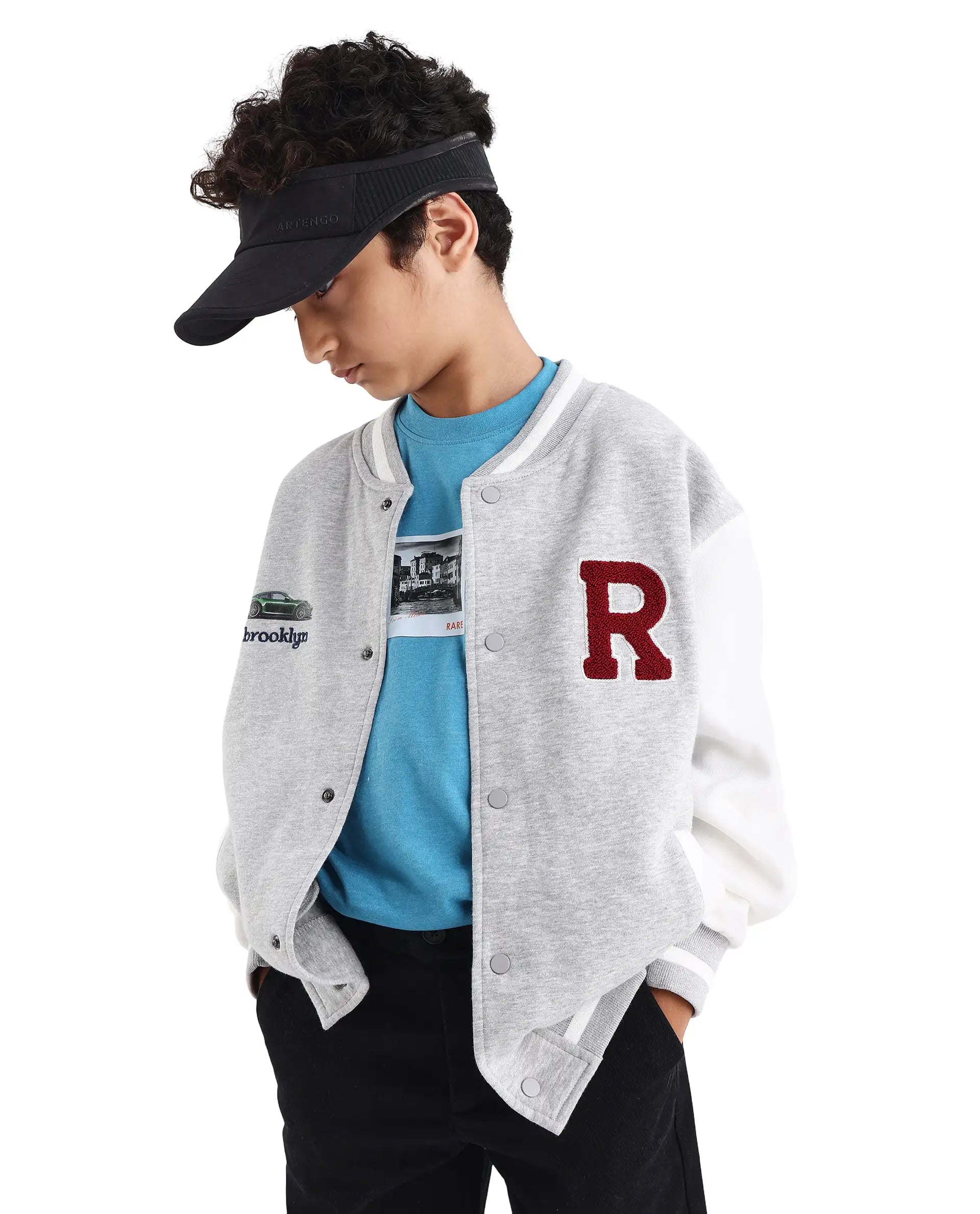 Rare Ones Kids Brook Grey Cotton Blend Button Closure Ribbed Collar Plain Full Sleeves Slim Fit Jacket